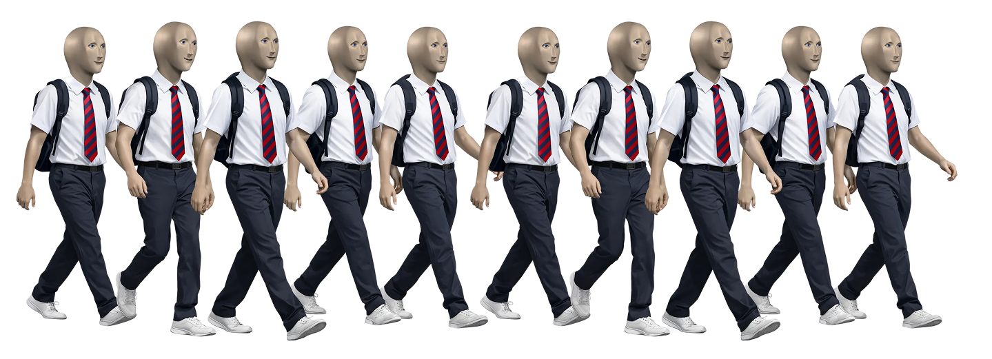 A whole class of College guys walking to campus